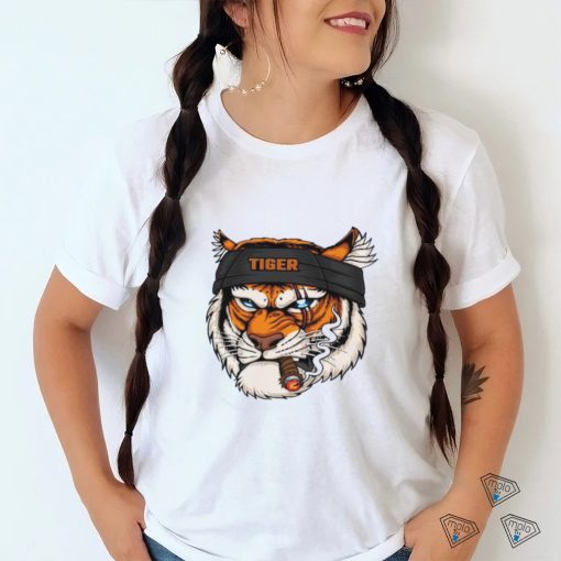 Tiger Head Wearing Bandana While Smoking Shirt