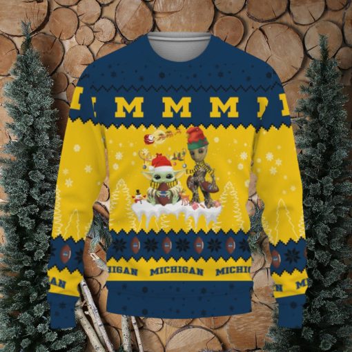 Tis The Season Christmas 2023 Baby Yoda Groot Cute Gift Football American Michigan Wolverines Knitted Christmas Sweater