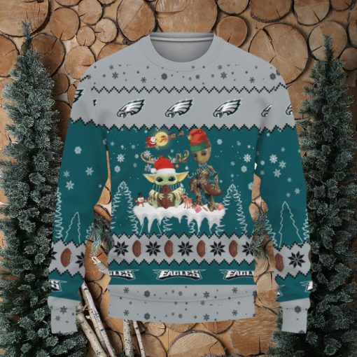 Tis The Season Christmas 2023 Baby Yoda Groot Cute Gift Football American Philadelphia Eagles Ugly Xmas Sweater AOP