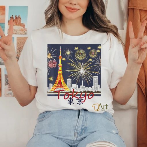 Tokyo Tower and Fireworks Festival Tokyo Japanese Kanji art shirt