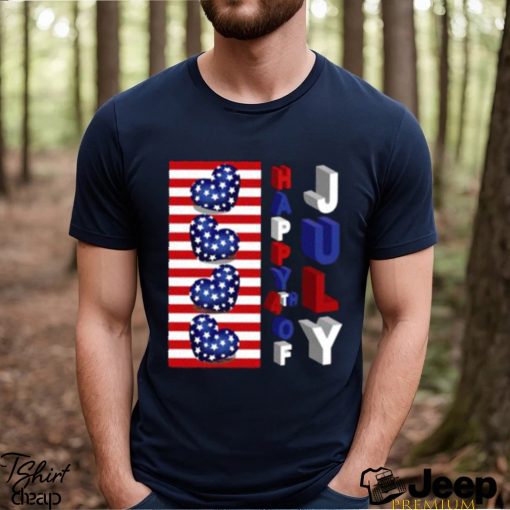 Top 4th Of July 3D Art Happy 4th Of July American Flag Hearts T Shirt