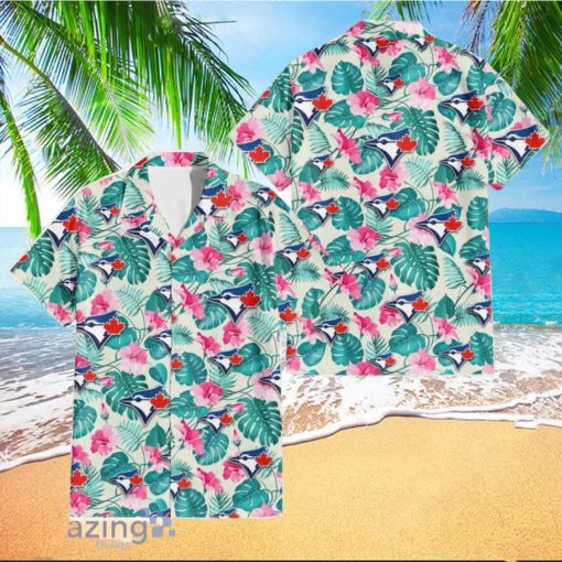 Toronto Blue Jays Pink Hibiscus Green Leaf Beige Background 3D Hawaiian Shirt Gift For Fans