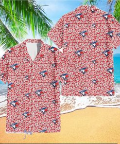 Toronto Blue Jays Tiny White Hibiscus Pattern Red Background 3D Hawaiian Shirt Gift For Fans