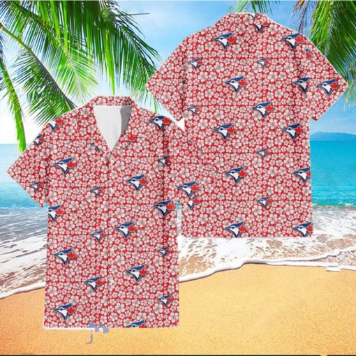 Toronto Blue Jays Tiny White Hibiscus Pattern Red Background 3D Hawaiian Shirt Gift For Fans