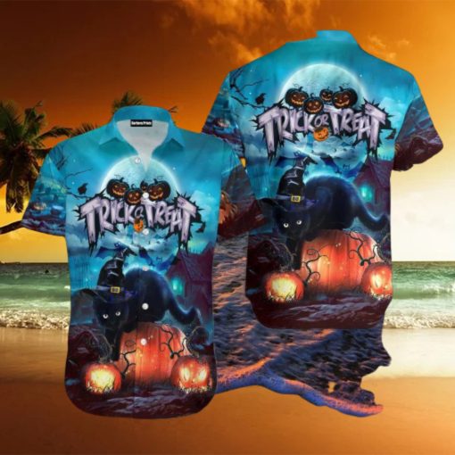 Treat Or Trick Halloween Black Cat Aloha Hawaiian Shirt