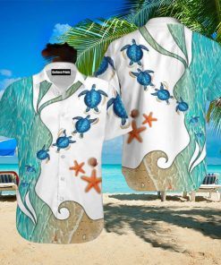 Turtle Beach Starfish Blue And White Aloha Hawaiian Shirt