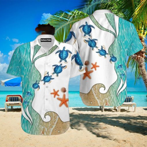 Turtle Beach Starfish Blue And White Aloha Hawaiian Shirt