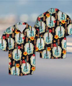 Ukulele Tiki Pattern Hawaiian Shirt Summer Button Up