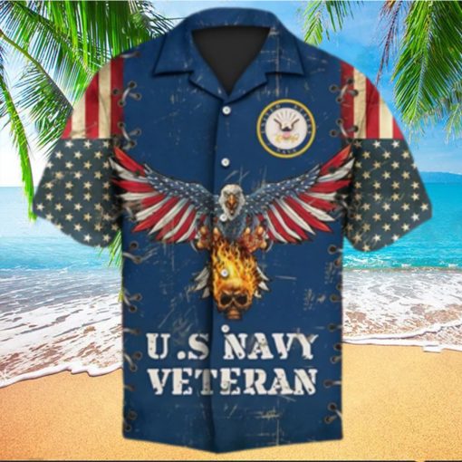 Us Navy Veteran United States Navy Eagle And Fire Skull American Hawaiian Shirt