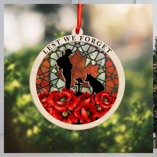 Veteran Poppy Lest We Forget Suncatcher Ornament Soldier And Dog Memorial Christmas Ornaments