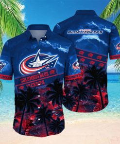 Vintage Aloha NHL Columbus Blue Jackets Hawaiian Shirt Palm Trees Pattern Hockey Fans Gift