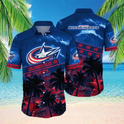 Vintage Aloha NHL Columbus Blue Jackets Hawaiian Shirt Palm Trees Pattern Hockey Fans Gift