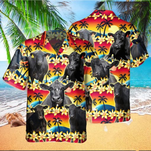 Vintage Black Angus Tropical Sunset Hibiscus And Palm Tree All Over Printed 3D Hawaiian Shirt