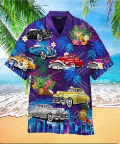 Vintage Hot Rod Car Sunset Beach Hawaiian Shirt For