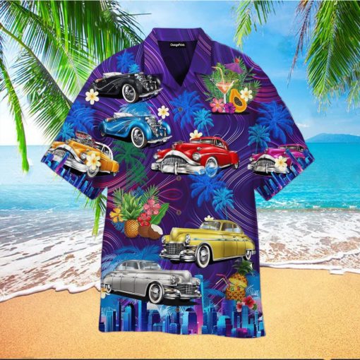 Vintage Hot Rod Car Sunset Beach Hawaiian Shirt For