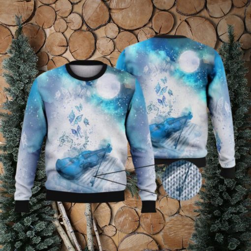 Violin Butterfly Night Sky Blue Full Print For Violin Lovers 3D Ugly Sweater Christmas Gift Sweater