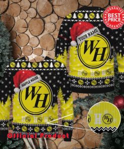 Waffle House Logo Santa Hat Pine Tree Snowflake Custom Name Ugly Christmas Sweater