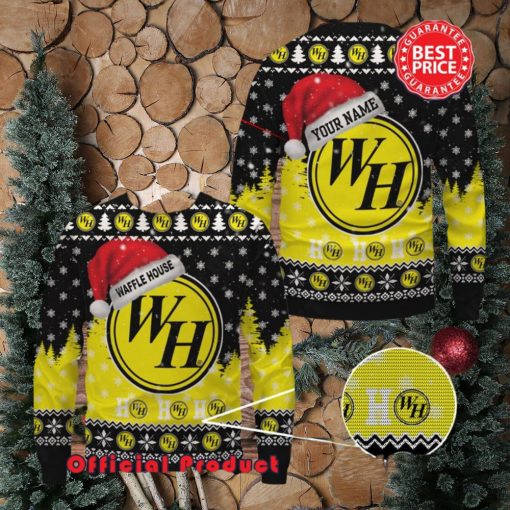 Waffle House Logo Santa Hat Pine Tree Snowflake Custom Name Ugly Christmas Sweater