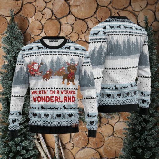 Walkin‘ In A Weiner Wonderland Dachshund Lover Ugly Chirtmas 3D Sweater Gift For Men And Women