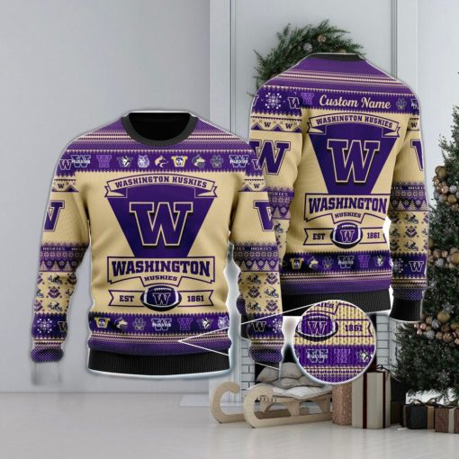 Washington Huskies Football Team Logo Ugly Christmas Sweater Custom Name Christmas For Fans