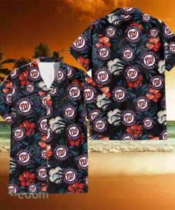 Washington Nationals Red And White Hibiscus Dark Leaf Black Background 3D Hawaiian Shirt