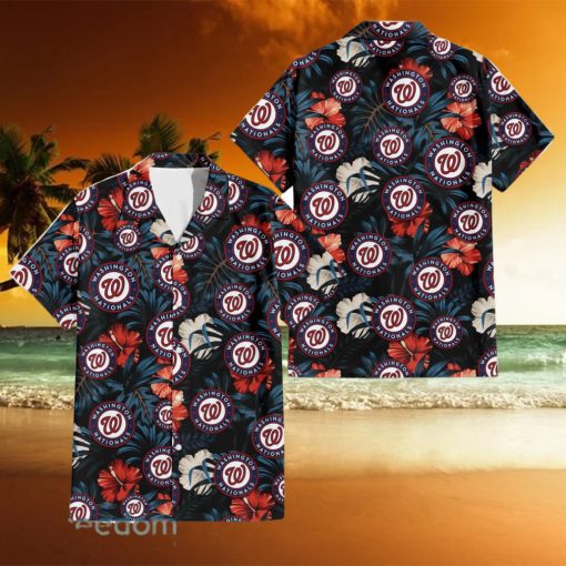 Washington Nationals Red And White Hibiscus Dark Leaf Black Background 3D Hawaiian Shirt