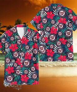 Washington Nationals Red Hibiscus Green Blue White Leaf Black Background 3D Hawaiian Shirt