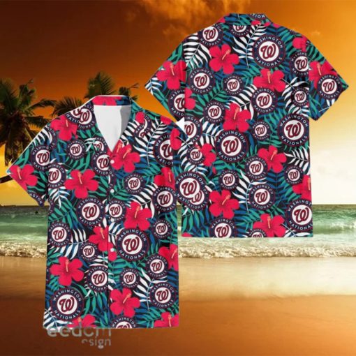 Washington Nationals Red Hibiscus Green Blue White Leaf Black Background 3D Hawaiian Shirt