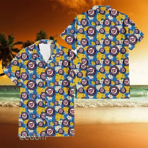 Washington Nationals Yellow White Hibiscus Powder Blue Background 3D Hawaiian Shirt