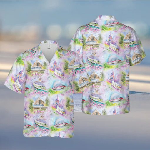 Watercolor Disney Monorail Disney Parks Inspired Men s Button Down Short Sleeved hawaiian Shirt