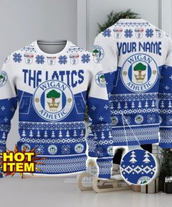 Wigan Athletic FC Big Logo Custom Name 3D Ugly Christmas Sweater Christmas Gift For Big Fans