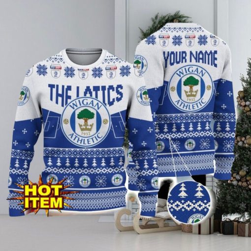 Wigan Athletic FC Big Logo Custom Name 3D Ugly Christmas Sweater Christmas Gift For Big Fans