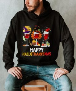 Wine Halloween Thanksgiving Christmas Happy Hallothanksmas Shirt