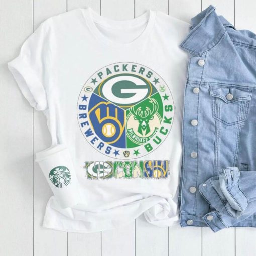 Wisconsin circle logo sport teams Packers brewers bucks shirt