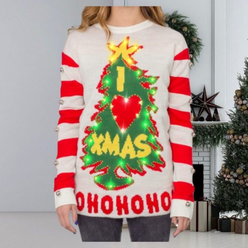 Women’s I Love Xmas HOHOHO Grinch Light Up (LED) Christmas Tree and Star Ugly Christmas Sweater