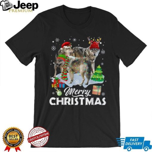 Xmas Tree Lights Christmas Pajama Wolf Animals Lover Shirt