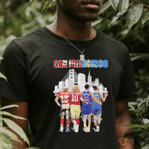 an Francisco Skyline Sports Teams Montana Garoppolo Thompson And Curry Signatures Shirt