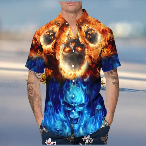 blue fire skull hawaiian shirt