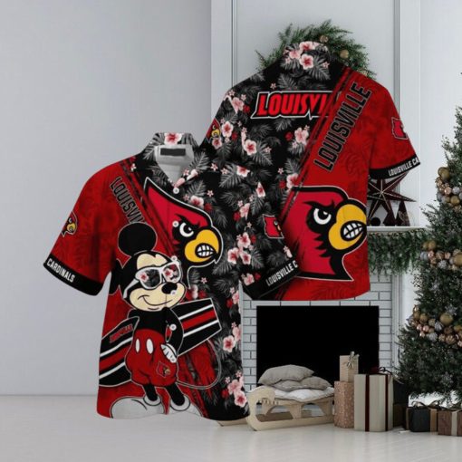 NCAA Louisville Cardinals Hawaiian Shirt Mickey And Floral Pattern