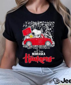 Best snoopy and Woodstock just a girl who lover Christmas and love Nebraska Huskers shirt