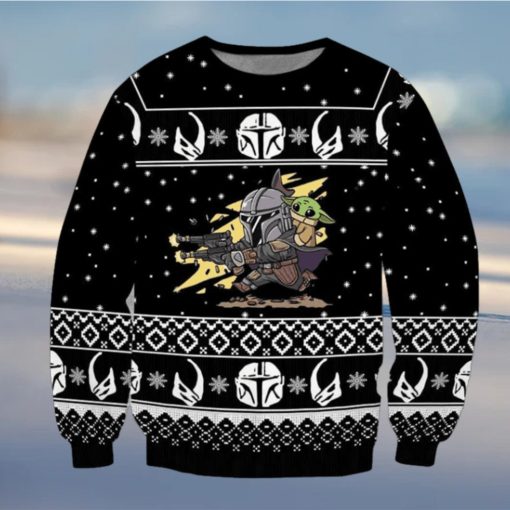 Boba Fett Baby Yoda Star Wars Shooting Pew Pew Knitted Ugly Xmas Sweater