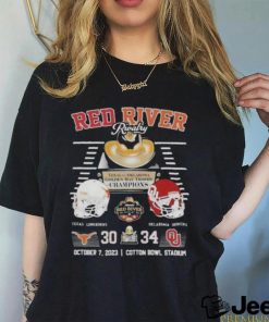 Red River Rivalry Texas Vs Oklahoma Golden Hat Trophy Champions Texas Longhorns 30 Oklahoma Sooners 34 October 7 2023 Cotton Bowl Stadium Shirt