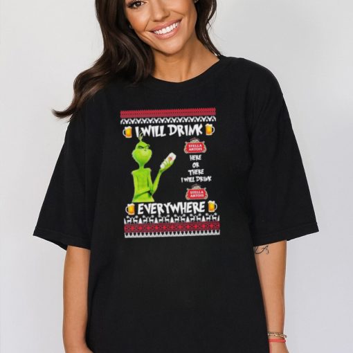 grinch I Will Drink Stella Artois Here And There Everywhere Merry Christmas Tshirt