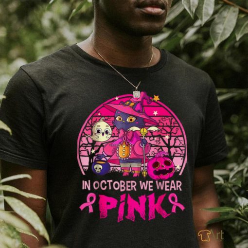 In October We Wear Pink Witch Cat Breast Cancer Awareness T Shirt