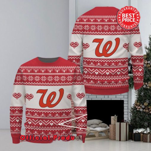 walgreens red white design logo snowflake heart ugly christmas sweater