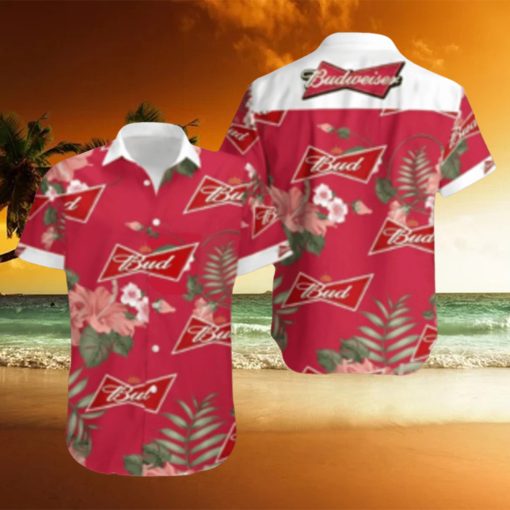Budweiser Beer Hawaiian Shirt Red Hibiscus Flower