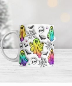 3D Colorful Halloween Ghosts Inflated Mug Wrap Sublimation Design 11oz & 15oz