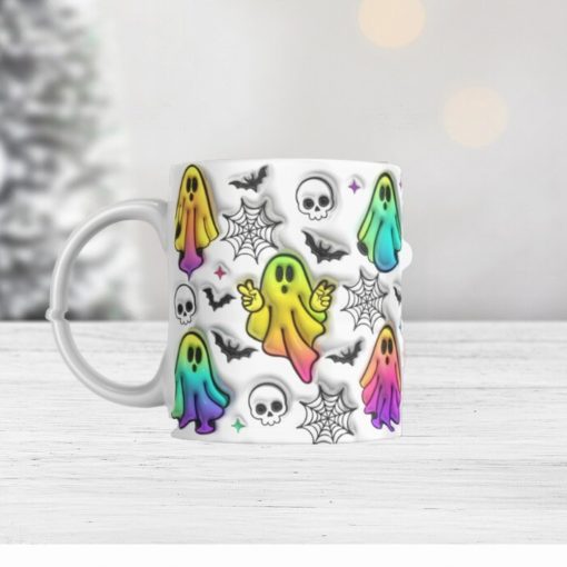 3D Colorful Halloween Ghosts Inflated Mug Wrap Sublimation Design 11oz & 15oz