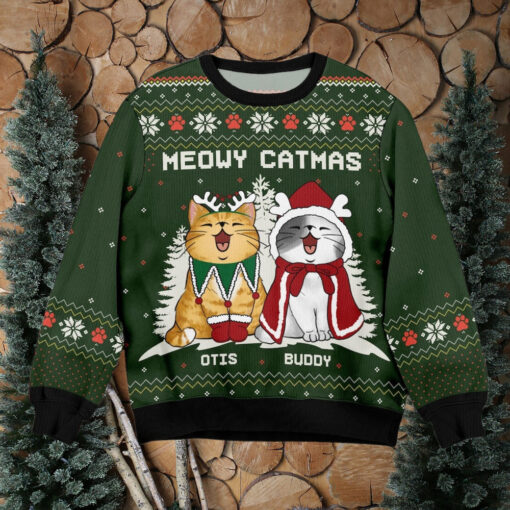 Personalized Cat Meowy Catmas Ugly Christmas Sweater