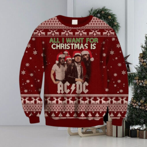 ACDC All I Want For Christmas Is ACDC With Snowflakes And Reindeer Pattern Ugly Christmas Sweater